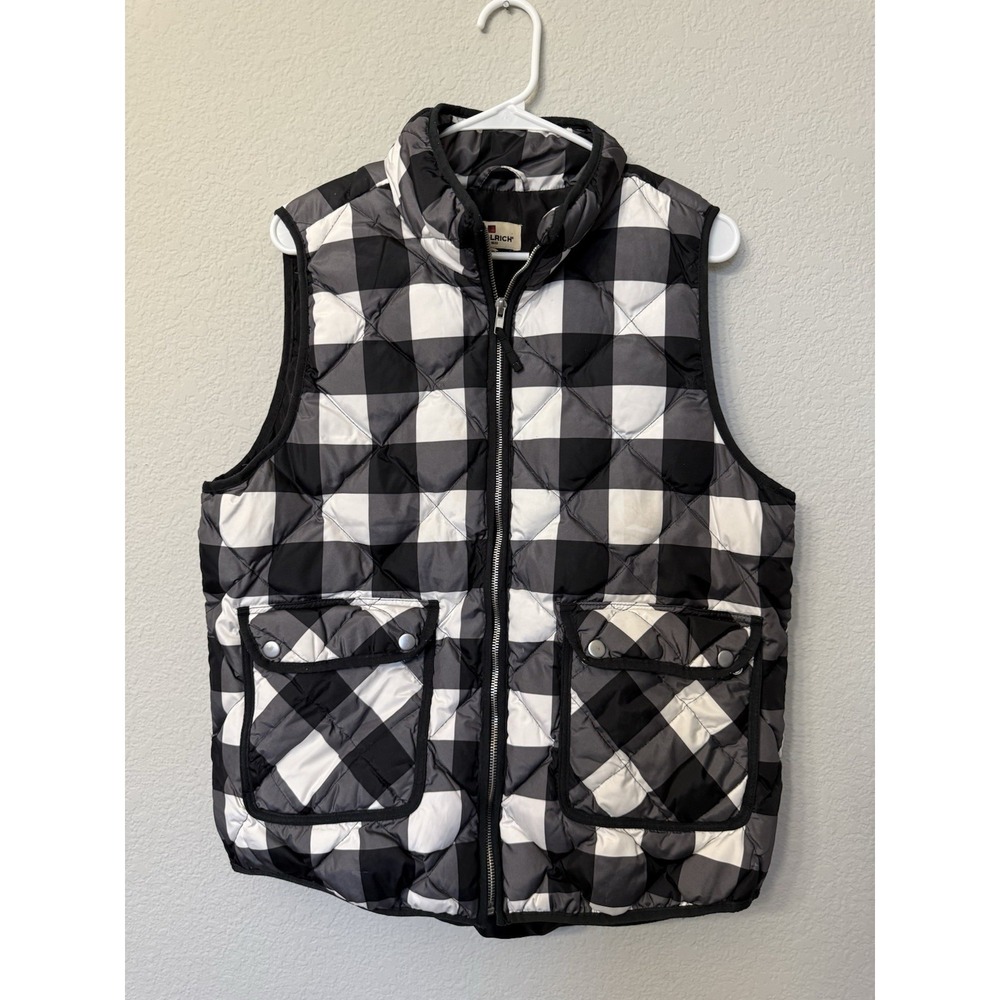 Woolrich Quilted Plaid Black & White Puffer Vest Women's Size Medium M Full Zip
